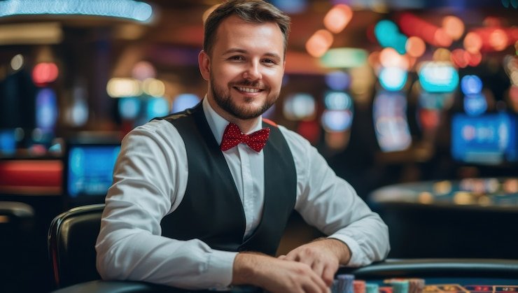 Studio produksi live dealer berkualitas HD dengan dealer profesional di meja baccarat